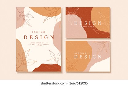 Flyer and business card template design with line style leaf decorations on earth tone pink and orange color background