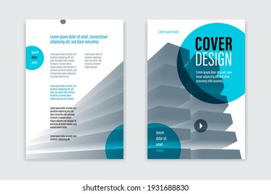 Flyer business trendy corporate style vector design with front and back pager A4 format, modern leaflet cover or presentation template, abstract background with big office building.