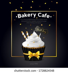 Flyer cafe bakery. sweet cupcake with white icing and a birthday tag. Template banner, card 