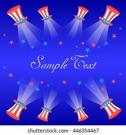 Flyer Card with US flag Cylinder Hats, Star, Light Beams and Space for Text. Vector. EPS10