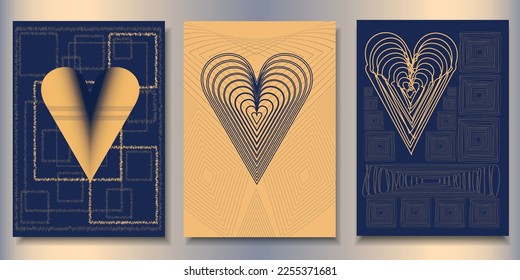 flyer card for valentine's day, set of brochure cards with heart in american style 20s, deep blue and gold color vector