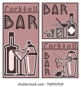 Flyer and cards with vector alcohol cocktail icons and titles. Flat style. EPS10