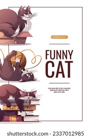 Flyer with cats lying in the box and books, cat playing with ball of thread. Pet, kitty, domestic life, animal concept. Vector illustration advertising, sale, banner.