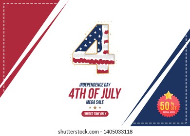 Flyer Celebrate Happy 4th of July - Independence Day. Mega sale with sticker 50% off. National American holiday event. Flat Vector illustration EPS10