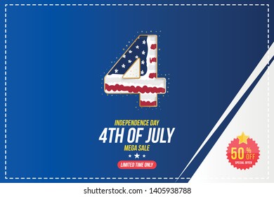 Flyer Celebrate Happy 4th of July - Independence Day. Mega sale with sticker 50% off. National American holiday event. Flat Vector illustration EPS10