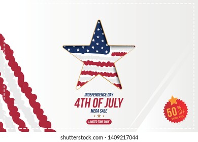 Flyer Celebrate Happy 4th of July - Independence Day. Mega sale with star and sticker 50% off. National American holiday event. Flat Vector illustration EPS10