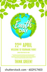 Flyer for celebrating Earth Day. Vector illustration with planet Earth with ground from grass. Poster with tree branches on white background.
