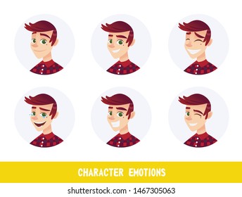 Flyer Character Emotions Lettering Cartoon Flat. Portrait Handsome Guy is Experiencing Positive Emotions: Joy, Laughter to Tears, Love. Face Man in Portrait Winks. Vector Illustration.