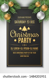 Flyer for Christmas party. Christmas concept. Festive balls with snow dust. Fir tree. DJ and club. Greeting card. Golden lettering. Vector illustration. EPS 10