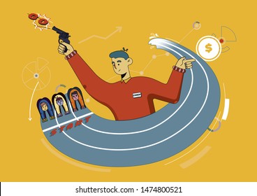 Flyer Coaching Marathon To Achieve Goal Cartoon. Banner Closeup Man Shooting Starting Pistol. People Prepared To Run Race On Treadmill. Men Are Waiting For Start. Vector Illustration.