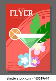 Flyer with a cocktail on the beach. Flowers on sunny weather. Vector illustration