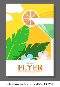 Flyer with a cocktail on the beach. Flowers on sunny weather. Vector illustration