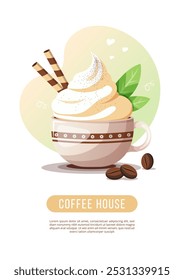 Flyer for Coffee House. Coffee drink topped with whipped cream in a cup with coffee beans and waffle rolls. Perfect for cafe branding, coffee shop menu or promotional materials. A4 vector illustration