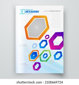 Flyer colored 3d hexagons flying perspective geometric figure Cover design template, block for image, vector