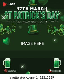 Flyer concept for saint patrick's day with social media banner or instagram post template | Saint patrick's day conference 17th march celebration with instagram and facebook post template | Saint desi