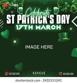 Flyer concept for saint patrick's day with social media banner or instagram post template | Saint patrick's day conference 17th march celebration with instagram and facebook post template | Saint desi