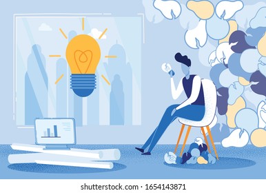 Flyer Consideration Problems from Different Angles. Invented an Expert in Field Creative Thinking Will Come Up with Creative Technique for Ideas. Man Sits in Room Full Broken Light Bulbs.