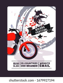 Flyer with contact, biker festival and motorshow flat vector illustration. Design for web poster, banner, test and gift card. Red bike, wolf logo, template, brush background.