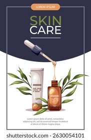 Flyer with cosmetics, skincare and body care products. Healthcare, wellness, spa, beauty routine, natural cosmetic concept. 
