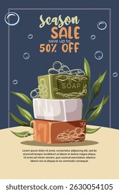 Flyer with cosmetics, skincare and body care products. Healthcare, wellness, spa, beauty routine, natural cosmetic concept. 