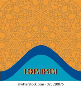 Flyer Cover Design two bended blue lines copyspace and mandala-like ornament as background.Ornate Mandala for greeting card,Brochure,Card or Invitation with Islamic,Arabic,Indian,Ottoman,Asian motifs