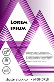 Flyer, cover, leaflet, book, bill template in puprle design with abstract line shape composed of triangles, icons, text, vector EPS 10