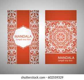 flyer, flyer, cover, pattern mandala in orange. Oriental motif. Hand painted texture background. Wedding invitations, postcards and business card templates. Decorative card design printing. Vector. EPS 10