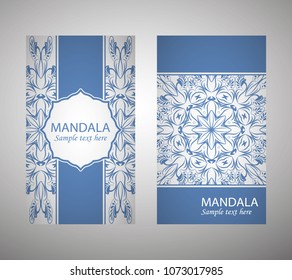 flyer, flyer, cover, pattern mandala. Oriental motif. Hand painted texture background. Set wedding invitations, postcards and business card templates. Decorative card design printing. Vector. EPS 10