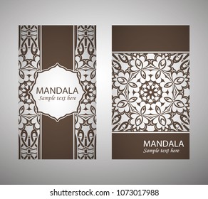 flyer, flyer, cover, pattern mandala. Oriental motif. Hand painted texture background. Set wedding invitations, postcards and business card templates. Decorative card design printing. Vector. EPS 10