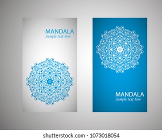 flyer, flyer, cover, pattern mandala. Oriental motif. Hand painted texture background. Set wedding invitations, postcards and business card templates. Decorative card design printing. Vector. EPS 10