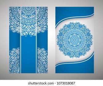 flyer, flyer, cover, pattern mandala. Oriental motif. Hand painted texture background. Set wedding invitations, postcards and business card templates. Decorative card design printing. Vector. EPS 10