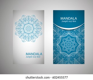 flyer, flyer, cover, pattern mandala. Oriental motif. Hand painted texture background in blue. Wedding invitations, postcards and business card templates. Decorative card design printing. Vector. EPS 10