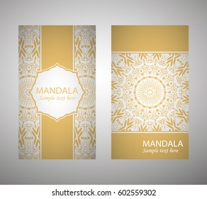 flyer, flyer, cover, pattern mandala. Oriental motif. Hand painted texture background in gold. Wedding invitations, postcards and business card templates. Decorative card design printing. Vector. EPS 10