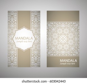 flyer, flyer, cover, pattern mandala. Oriental motif. Hand painted texture background. Wedding invitations, postcards and business card templates. Decorative card design printing. Vector. EPS 10