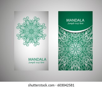 flyer, flyer, cover, pattern mandala. Oriental motif. Hand painted texture background. Wedding invitations, postcards and business card templates. Decorative card design printing. Vector. EPS 10