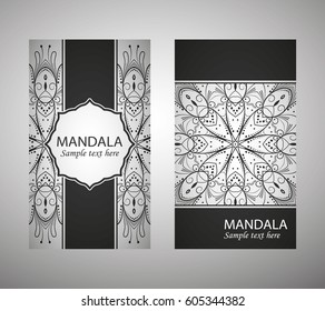 flyer, flyer, cover, pattern mandala. Oriental motif. Hand painted texture background. Set wedding invitations, postcards and business card templates. Decorative card design printing. Vector. EPS 10