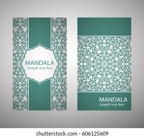 flyer, flyer, cover, pattern mandala. Oriental motif. Hand painted texture background. Set wedding invitations, postcards and business card templates. Decorative card design printing. Vector. EPS 10