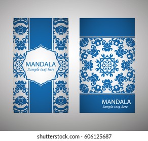 flyer, flyer, cover, pattern mandala. Oriental motif. Hand painted texture background. Set wedding invitations, postcards and business card templates. Decorative card design printing. Vector. EPS 10