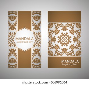 flyer, cover, pattern mandala. Oriental motif. Hand painted texture background. Set wedding invitations, postcards and business card templates. Decorative card design printing. Vector. EPS 10