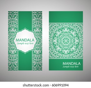 flyer, cover, pattern mandala. Oriental motif. Hand painted texture background. Set wedding invitations, postcards and business card templates. Decorative card design printing. Vector. EPS 10
