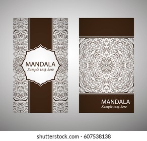 flyer, flyer, cover, pattern mandala. Oriental motif. Hand painted texture background. Set wedding invitations, postcards and business card templates. Decorative card design printing. Vector. EPS 10