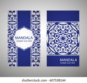 flyer, flyer, cover, pattern mandala. Oriental motif. Hand painted texture background. Set wedding invitations, postcards and business card templates. Decorative card design printing. Vector. EPS 10