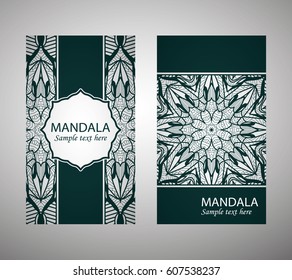 flyer, flyer, cover, pattern mandala. Oriental motif. Hand painted texture background. Set wedding invitations, postcards and business card templates. Decorative card design printing. Vector. EPS 10
