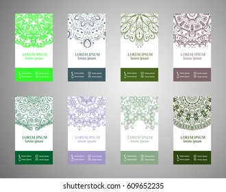 flyer, flyer, cover, pattern mandala. Oriental motif. Hand painted texture background. Set wedding invitations, postcards and openwork bombonerki. Decorative card design printing. Vector. EPS 10