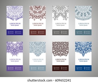 flyer, flyer, cover, pattern mandala. Oriental motif. Hand painted texture background. Set wedding invitations, postcards and openwork bombonerki. Decorative card design printing. Vector. EPS 10