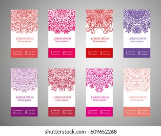 flyer, flyer, cover, pattern mandala. Oriental motif. Hand painted texture background. Set wedding invitations, postcards and openwork bombonerki. Decorative card design printing. Vector. EPS 10