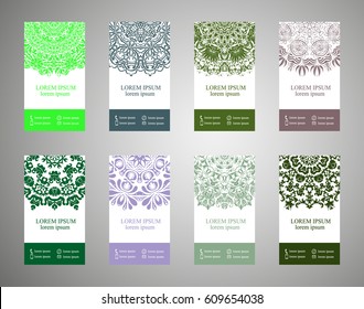 flyer, flyer, cover, pattern mandala. Oriental motif. Hand painted texture background. Set wedding invitations, postcards and openwork bombonerki. Decorative card design printing. Vector. EPS 10