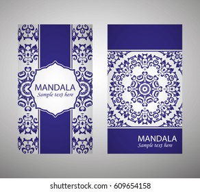 flyer, flyer, cover, pattern mandala. Oriental motif. Hand painted texture background. Set wedding invitations, postcards and business card templates. Decorative card design printing. Vector. EPS 10