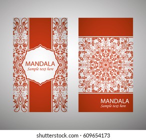 flyer, flyer, cover, pattern mandala. Oriental motif. Hand painted texture background. Set wedding invitations, postcards and business card templates. Decorative card design printing. Vector. EPS 10