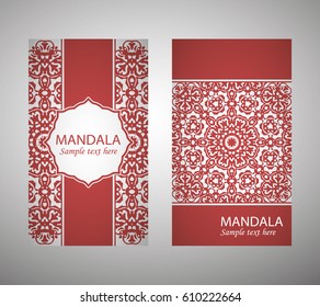 flyer, flyer, cover, pattern mandala. Oriental motif. Hand painted texture background. Set wedding invitations, postcards and business card templates. Decorative card design printing. Vector. EPS 10
